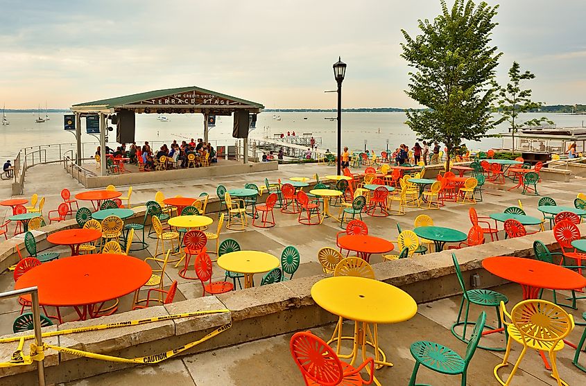 The terrace a popular outdoor space overlooking Lake Mendota in Madison