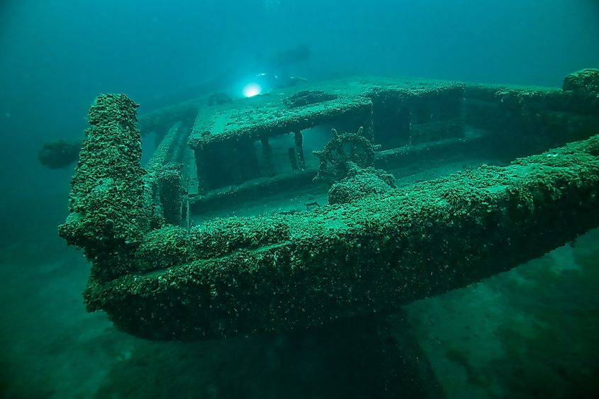 The Dolphin is a 119-foot, two-masted wooden schooner that sank in the Straits of Mackinac in 1869 following a collision