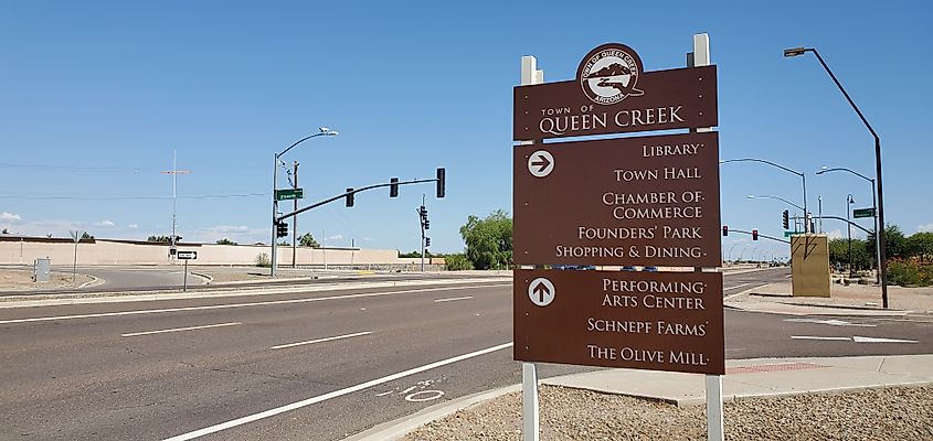 Board displaying the major attractions in Queen Creek, Arizona