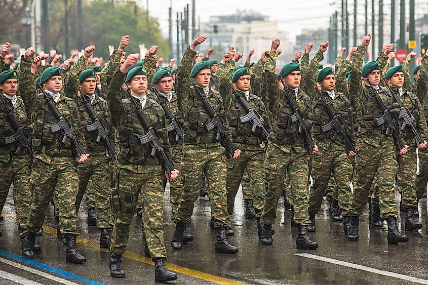 Greek soldiers march in the Independence Day parade in Athens, 2015. Credit Shutterstock: De Visu.