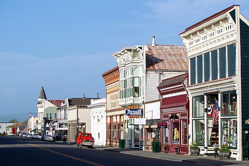 Victorian-style storefronts along Main Street in Ferndale, California.