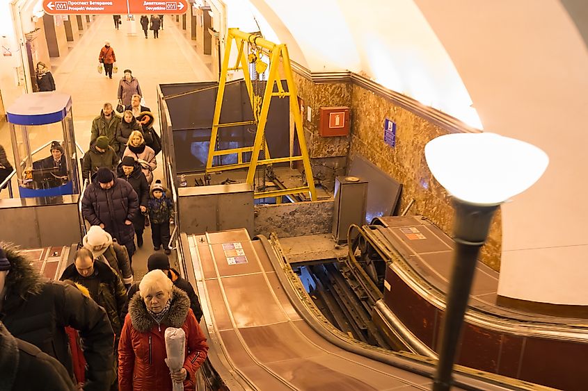 the escalator at the metro station Ploshchad Lenina .Russia, St. Petersburg