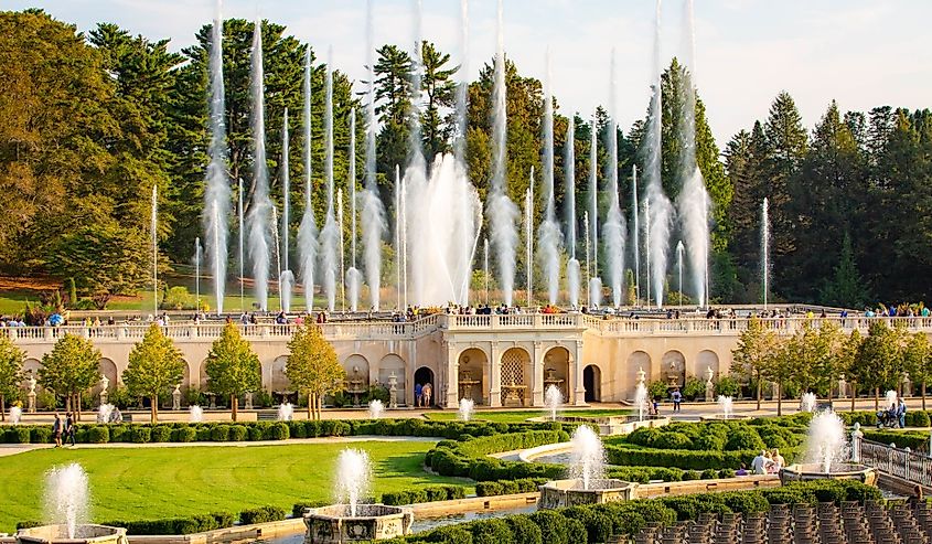 Longwood gardens fountains and park in Pennsylvania.