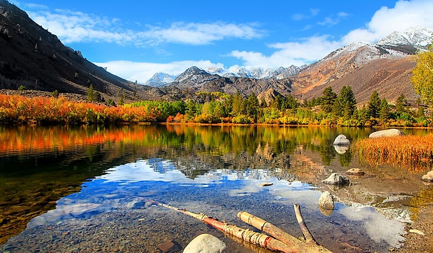 A serene lake reflects vibrant autumn foliage and snow-capped mountains under a clear blue sky. The peaceful scene evokes tranquility and natural beauty.