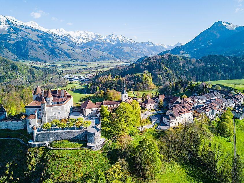 Aerial View of the Medieval Town of Gruyeres, Switzerland.