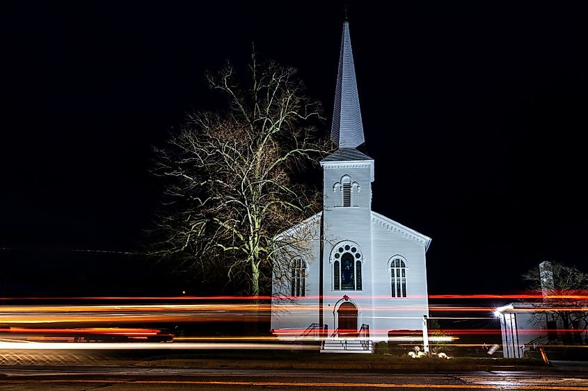 Night view of Barrington Congregational church in Barrington, Rhode Island.