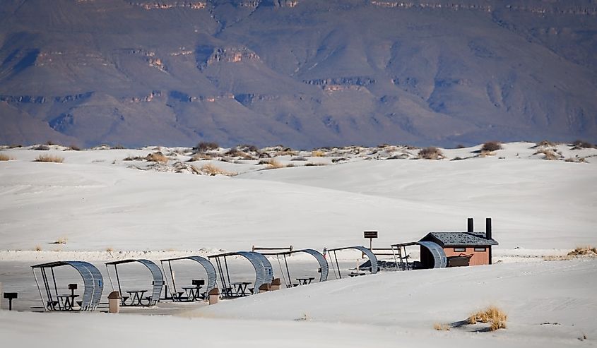 A winter view of picnic area at White Sands National Park on Valentine's Day.