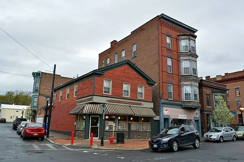 Street view in Cohoes, NY, with historic buildings