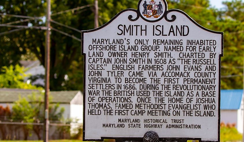 Historical placard on Smith Island, Maryland in the Chesapeake Bay.