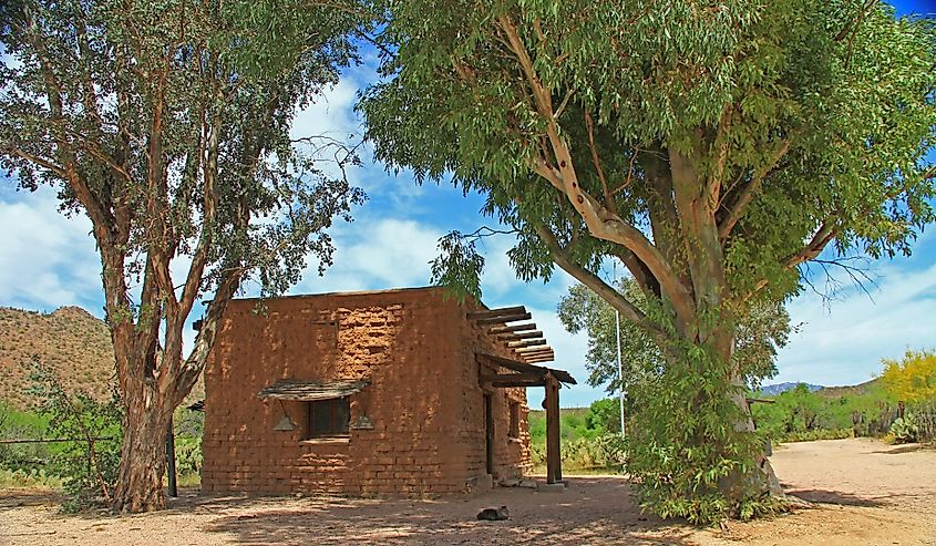 Historic building with copy space housing the CCC Museum on La Posta Quemada Ranch in Colossal Cave Mountain Park in Vail, Arizona.