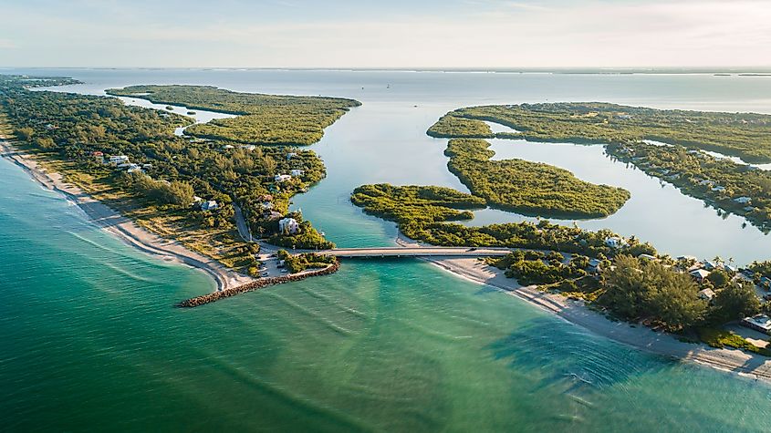 Aerial view during sunrise of Captiva Island and Sanibel Island.