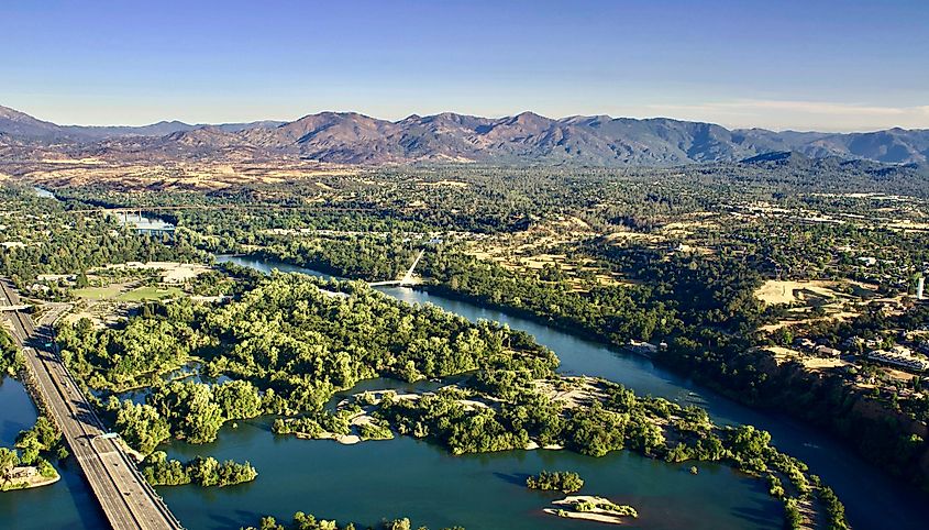 The Sacramento River flowing through Redding, California.