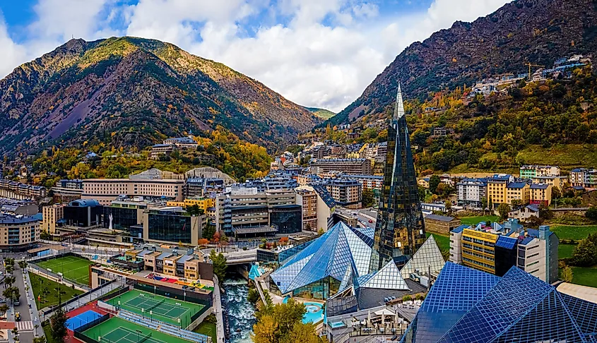 Aerial view of Andorra la Vella, the capital of Andorra, in the Pyrenees mountains between France and Spain