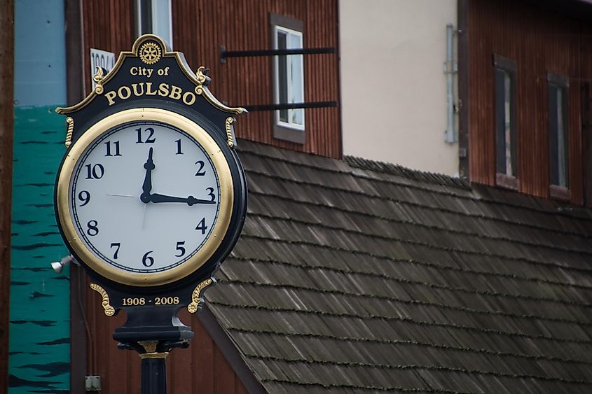 Poulsbo, Washington: An antique street clock on Front Street.