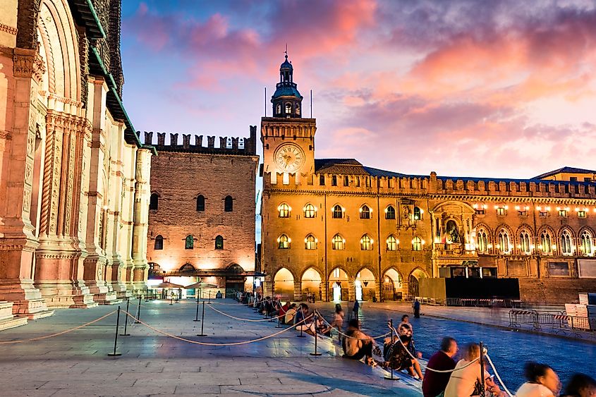Colorful spring sunset on the main square of City of Bologna (Credit: Andrew Mayovskyy via Shutterstock)