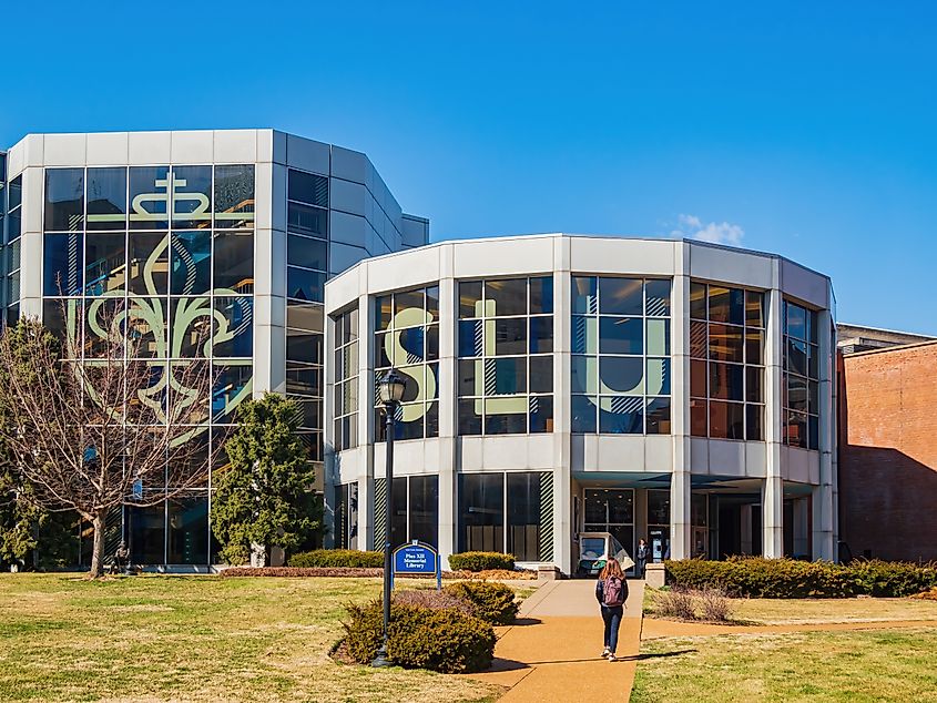 Pius XII Memorial Library at Saint Louis University in Missouri, a modern academic building seen on a sunny day