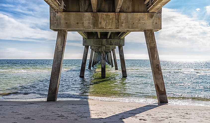 Under famous Okaloosa Island fishing pier in Fort Walton Beach, Florida winter season 