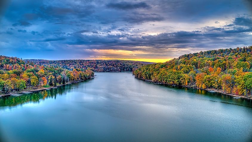 Colorful sunset over Deep Creek Lake on a cloudy fall evening