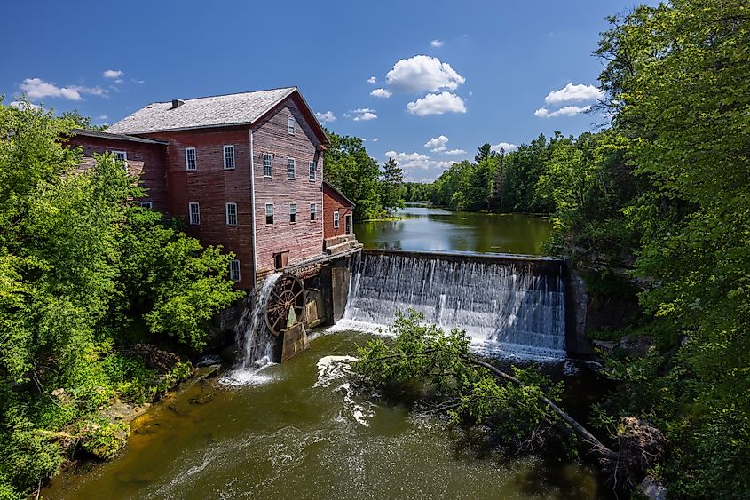 Old Grist Mill with Water Wheel and Dam in Wisconsin Dells.