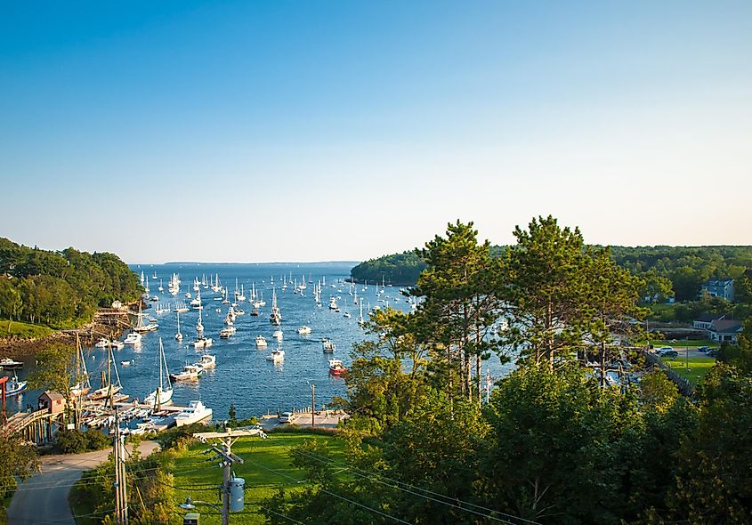 A high-angle view of the serene harbor at Rockport, Maine.
