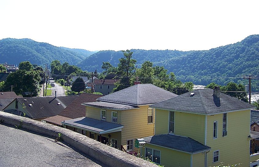Downtown Hinton, West Virginia, with the mountains in the background.