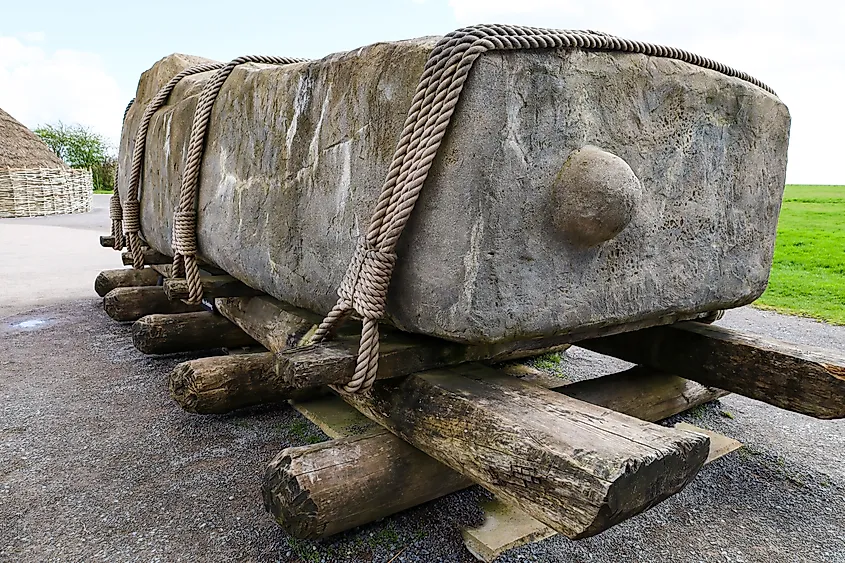 Recreation of stone transport at The Visitor Center of Stonehenge in Salisbury, England