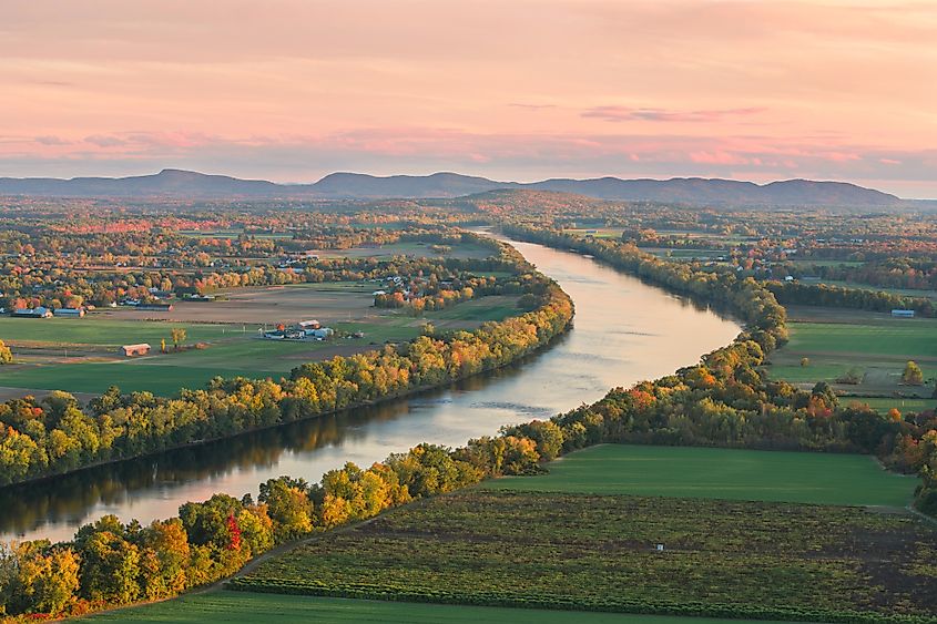 Sugarloaf Mountain overlooking Connecticut River in the fall at sunset.