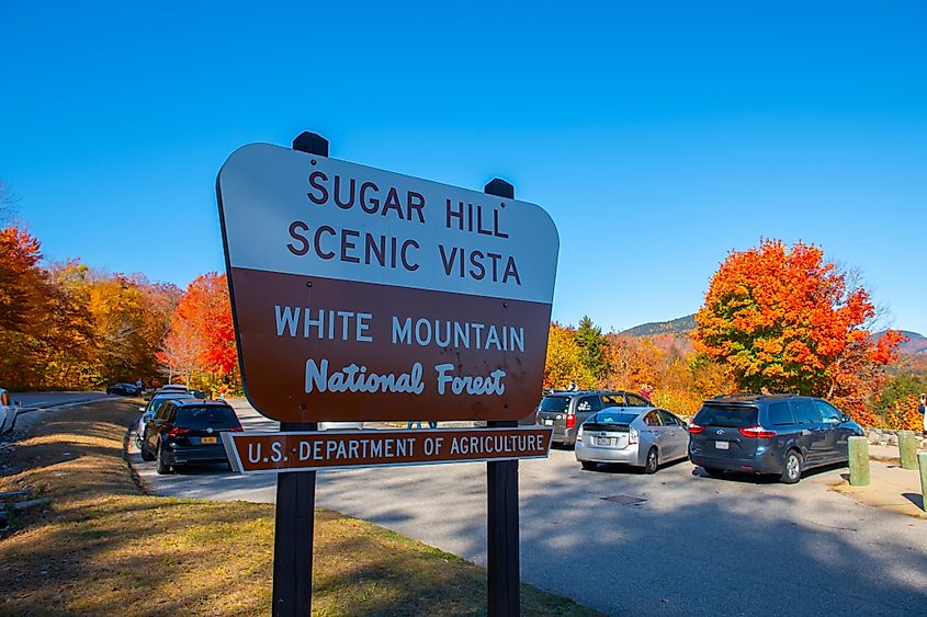 Sugar Hill Scenic Vista sign at Sugar Hill Overlook on Kancamagus Highway in White Mountain National Forest, New Hampshire