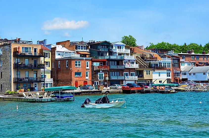 Shops and restaurants along Skaneateles Lake in upstate New York, as viewed from the pier. 