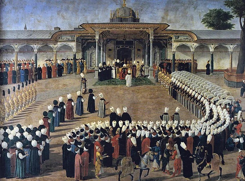 Selim III receiving dignitaries at an audience at the Gate of Felicity, Topkapı Palace.