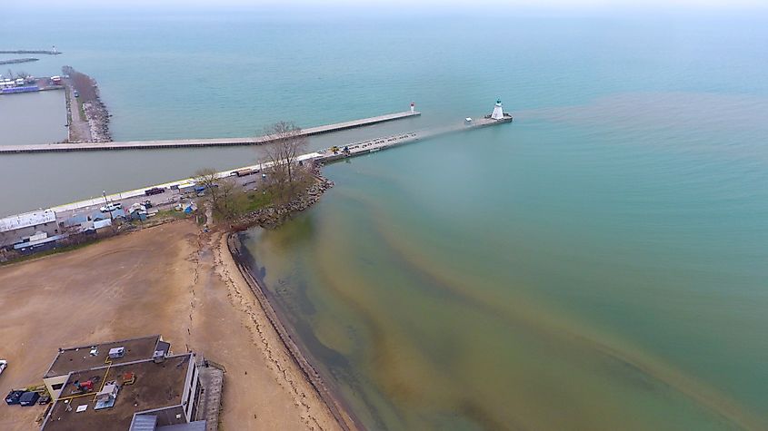 Polluted water streaming into Lake Erie from steel mills in Nanticoke, Ontario.