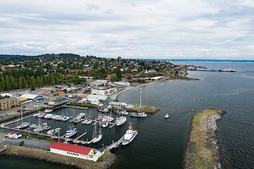 Aerial view of the harbor in Port Townsend, Washington.