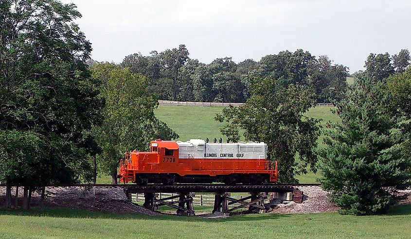 The Bluegrass Railroad Museum's freshly restored Illinois Central Gulf GP8 7738 rolls across the wooden trestle at Trackside Farm near Versailles, Kentucky.