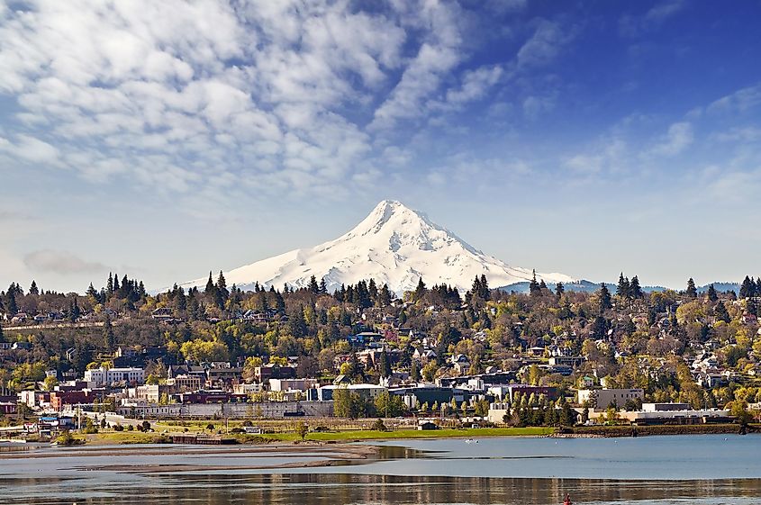 Hood River in Oregon with Mount Hood forming the backdrop.