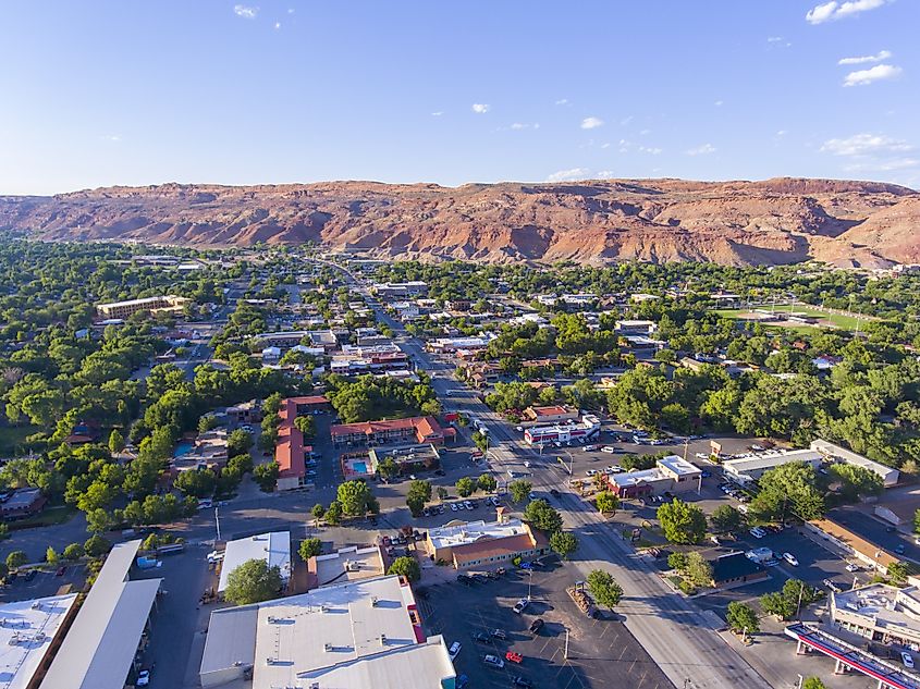 Aerial view of downtown Moab and historic buildings in summer, Utah, USA.