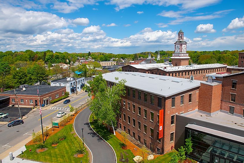 Maynard historic town center in spring in Maynard, Massachusetts.