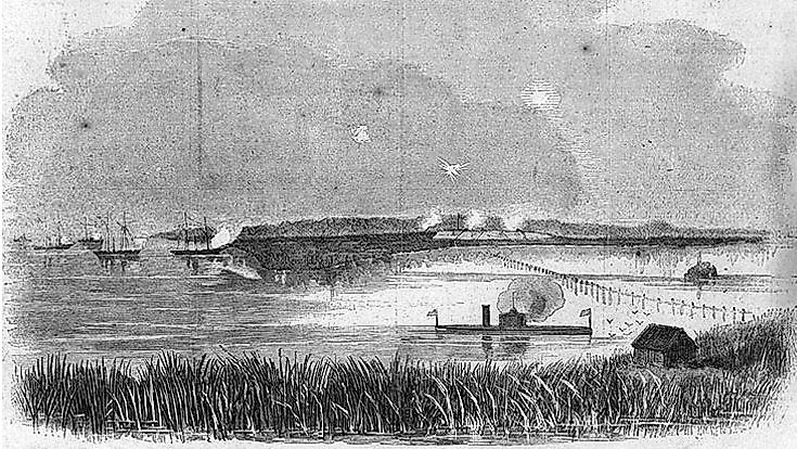 USS Montauk attacks Fort McAllister.