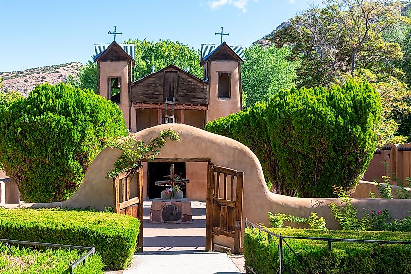 Entrance to historic adobe church El Santuario de Chimayo in Chimayo, New Mexico