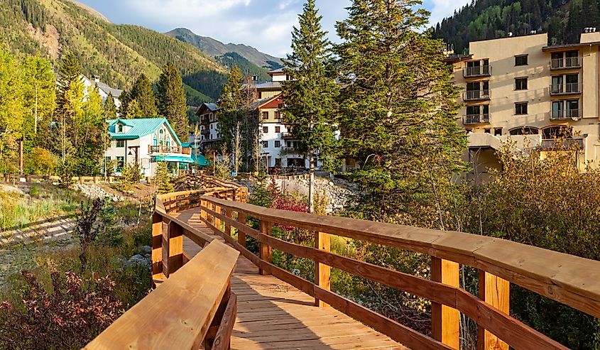 Boardwalk in Taos Ski Valley, New Mexico in fall.