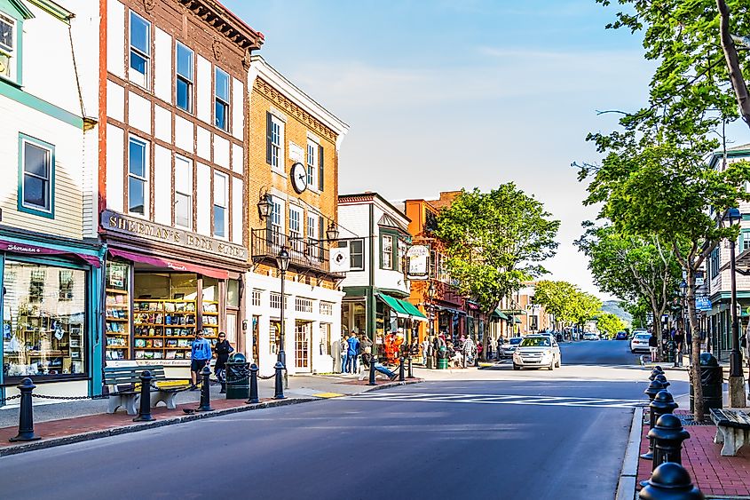 Buildings along Main Street in Bar Harbor, Maine.