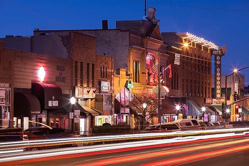 Evening lights turn on as twilight descends on historic Whiskey Row in downtown Prescott. Editorial credit: Matt Gush / Shutterstock.com