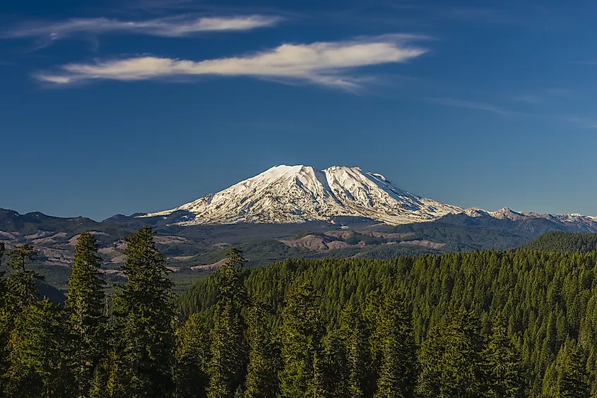 Mount St. Helens, a snow-capped Cascade volcano in Washington State.