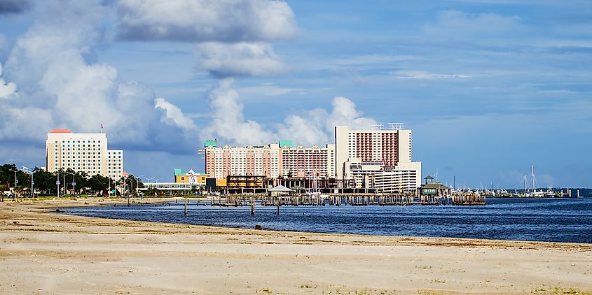 Biloxi, Mississippi, casinos and buildings along Gulf Coast shore.