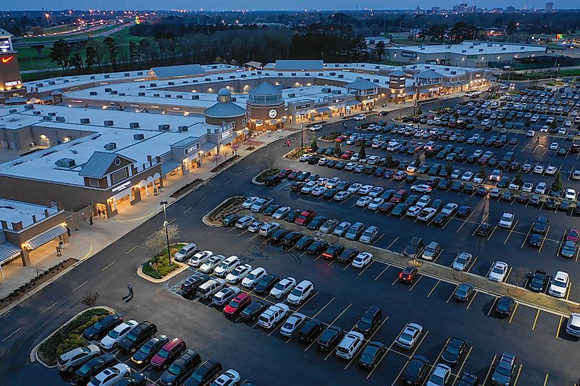 Aerial drone photo of outlet shops of Pearl Mississippi Editorial credit: Felix Mizioznikov / Shutterstock.com