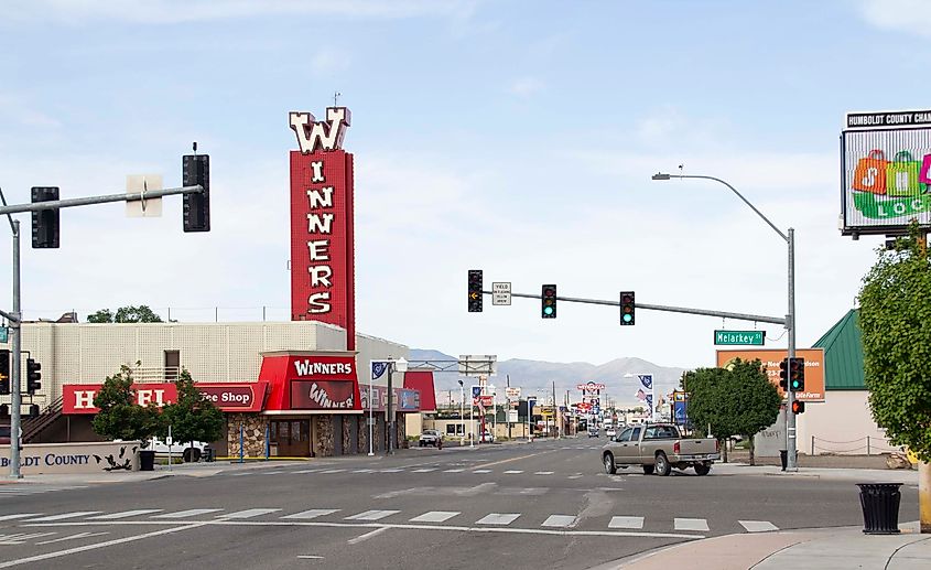 Main Street in Winnemucca, Nevada, with casinos and other local businesses.