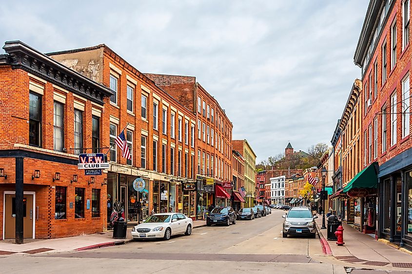 Main Street in Galena, Illinois, is lined with historical buildings.