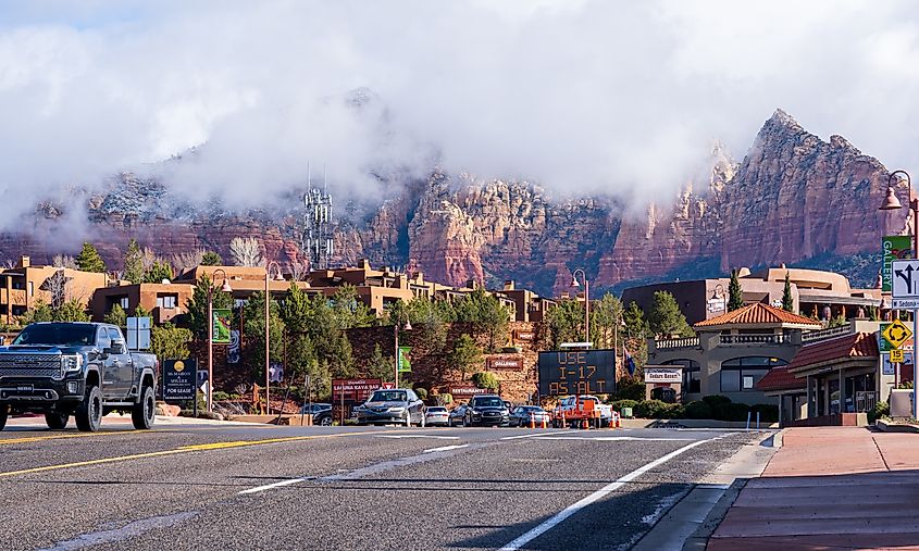 Downtown Sedona with mountains in the background.