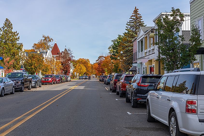 Fall foliage along a street in Harbor Springs, Michigan.