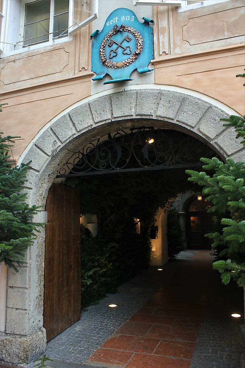 Entrance to St. Peter Stiftskeller with plaque "since 803," the year of its first documented mention. Image Credit Pakeha via Wikimedia Commons.