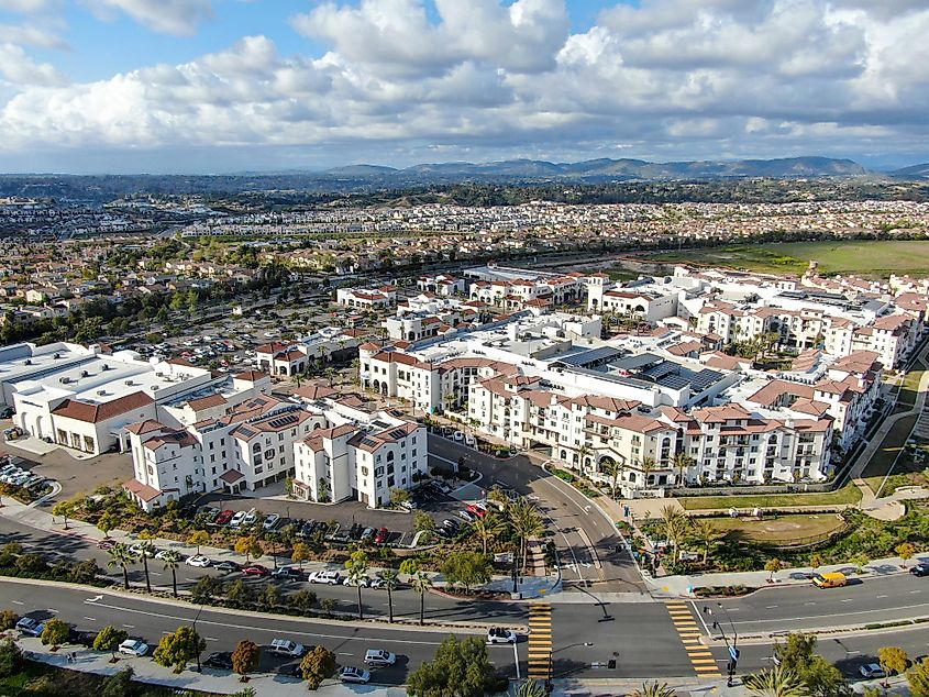 Aerial view of a shopping center in Carmel Calley, California.